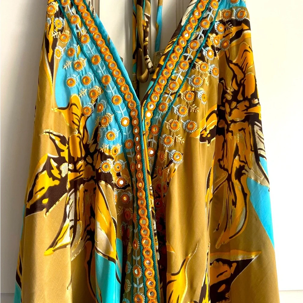 🧡🩵Karma Highway Boho Embellished Mirror Work Halter Maxi Dress Floral OS 🤎🪞 - Picture 2 of 10